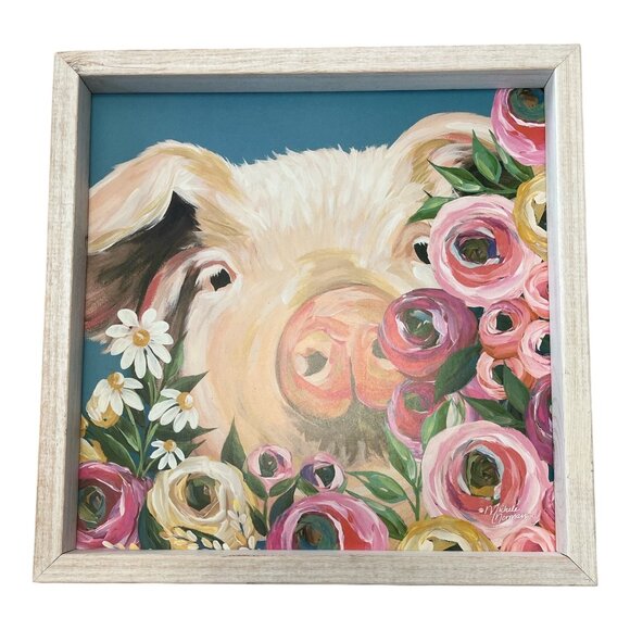 Pig in Flowers Framed Wall Art by Michele Norman – 13” Square - Picture 1 of 3
